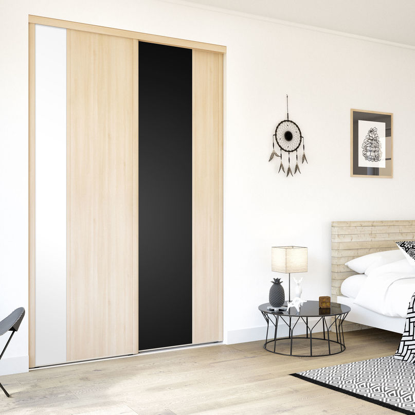 Façade de placard coulissante 2 portes décor acacia clair, décor blanc mat, décor noir intense
