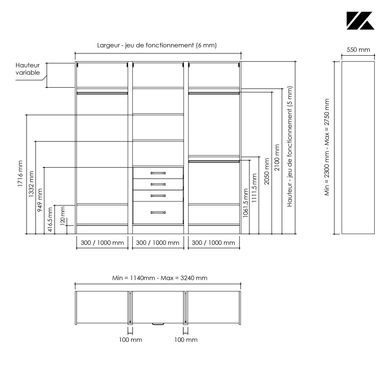 Aménagement 2 espaces, profondeur 550 mm, Châtaignier Clair, 2 tringles - 5  étagères - 1 tiroir