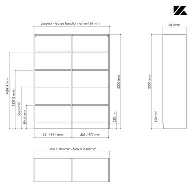 Aménagement 2 espaces, profondeur 550 mm, Blanc Mat, - 12 étagères