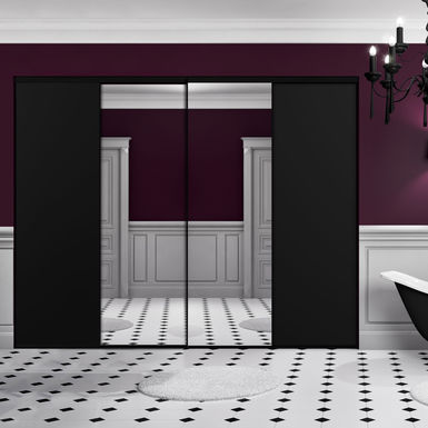 Façade de placard coulissante 2 portes miroir argent, décor noir intense
